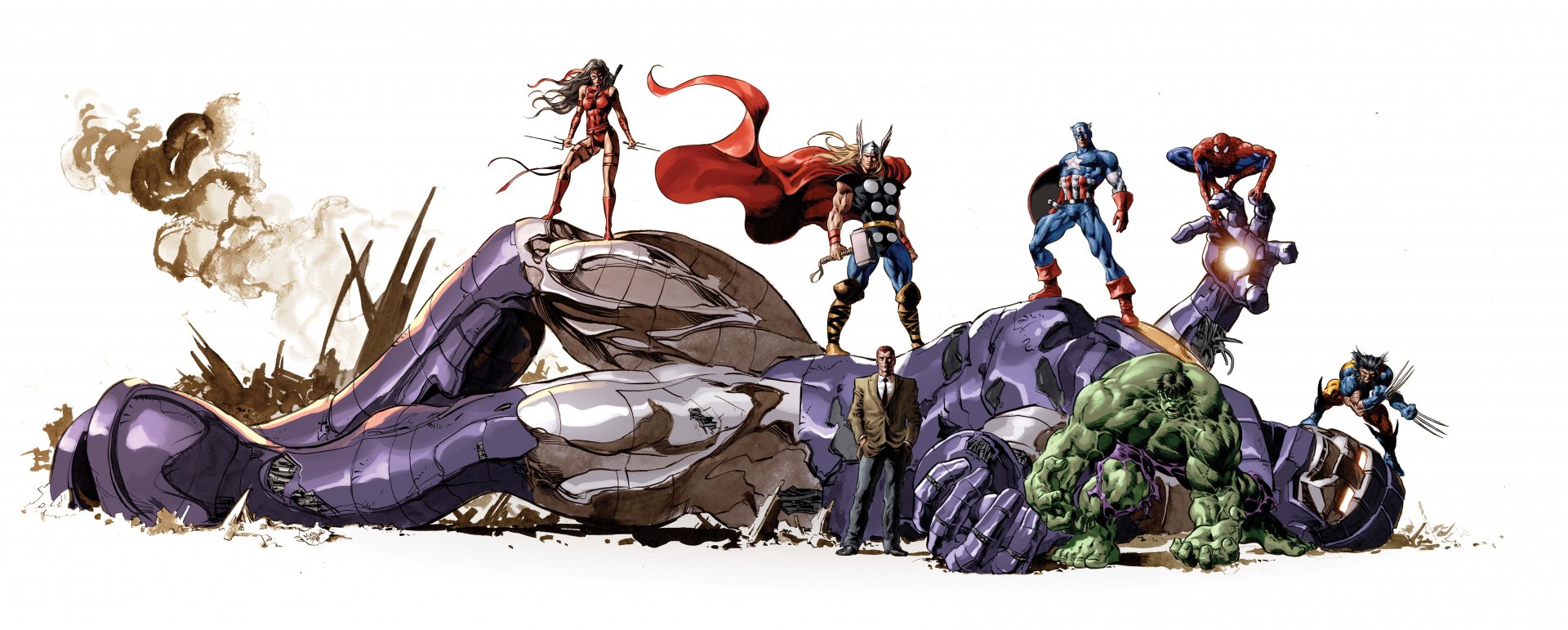 4K Ultra HD desktop wallpaper featuring a dynamic Marvel Comics collage with Wolverine, Spider-Man, Hulk, Captain America, Thor, and Elektra standing over a defeated giant robot.