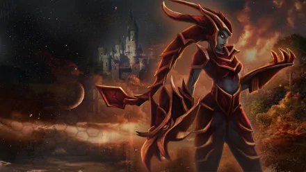 Shyvana from League of Legends in armored draconic form amid flames and a distant castle under an ominous sky — 2K Quad HD PC desktop wallpaper.