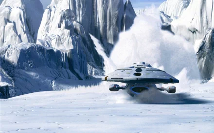 A futuristic ship from Star Trek: Voyager navigates through a snowy landscape, set against impressive icy mountains, showcasing stunning 4K detail for desktop backgrounds.
