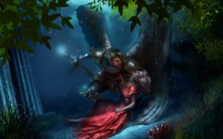 A fantasy angel warrior in armor cradles a woman in a red dress beneath glowing trees, rendered in stunning 4K Ultra HD for a PC desktop wallpaper background.