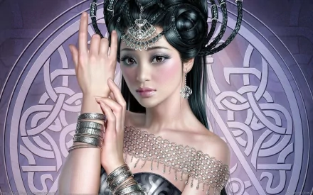 A stunning fantasy portrait of an Asian woman adorned in intricate silver jewelry, set against a mystical black and silver background, featuring elaborate designs.