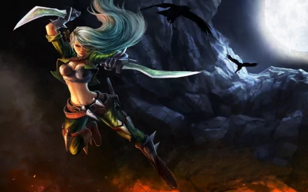 HD PC desktop wallpaper featuring Katarina from the video game League of Legends, depicted mid-action with glowing blades under a moonlit night sky surrounded by dark cliffs.