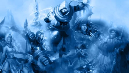 HD wallpaper featuring characters Jax, Katarina, Shen, Akali, and Malzahar from League of Legends in a dynamic, blue-toned action scene.