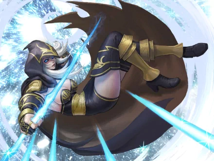 HD PC desktop wallpaper of Ashe (League of Legends video game): hooded archer in dark gold armor leaping and firing glowing icy blue arrows against a frosty circular backdrop.