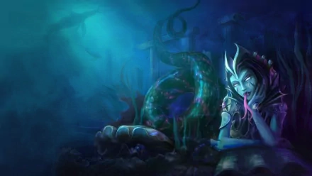 HD PC desktop wallpaper of Cassiopeia (League of Legends), video game artwork: serpent-bodied champion coiled in eerie blue depths, smirking with glowing eyes as background art.