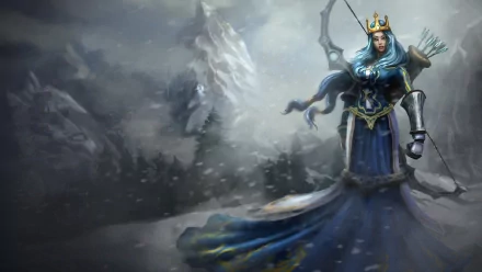 HD PC desktop wallpaper featuring Ashe from the video game League of Legends, depicted in a snowy, mystical landscape with her bow and quiver.