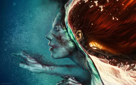 A stunning fantasy-themed HD wallpaper featuring a woman with flowing red hair, immersed in water, capturing an ethereal and captivating underwater scene.