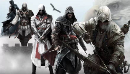 HD PC desktop wallpaper featuring multiple iconic Assassin's Creed characters in detailed hooded outfits, set against a soft, blurred background.