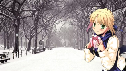 HD PC desktop wallpaper featuring Saber from Fate/Stay Night in an anime-style winter scene with snow-covered trees and a quiet park path.