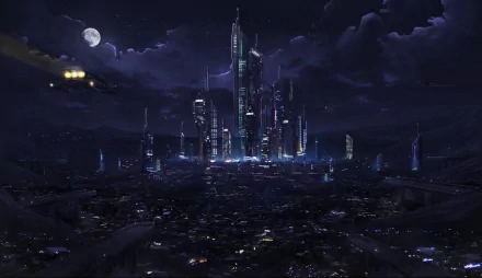 A stunning sci-fi cityscape at night, featuring towering skyscrapers illuminated by neon lights under a starry sky, set against a dark, atmospheric background.