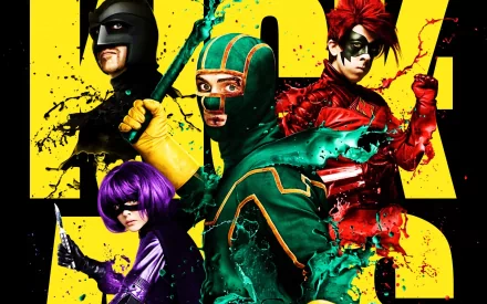 HD PC wallpaper featuring Nicolas Cage, Christopher Mintz-Plasse, Aaron Taylor-Johnson, and Chloë Grace Moretz as Big Daddy, Red Mist, and Kick-Ass characters from the movie Kick-Ass.