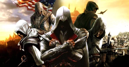 HD desktop wallpaper featuring Conor, Altair, and Ezio from the iconic video game series Assassin's Creed, showcasing the characters in their distinctive hooded attire.