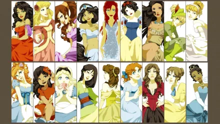 HD PC desktop wallpaper collage of Disney cartoon princesses featuring Snow White and other iconic characters in vibrant movie-inspired designs.