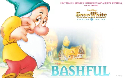 HD Disney desktop wallpaper featuring Bashful from Snow White and the Seven Dwarfs in a colorful cartoon style with the iconic cottage in the background.