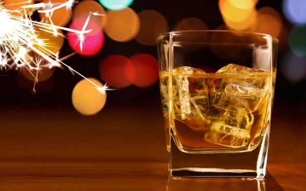 A glass of whisky with ice on a wooden surface, illuminated by festive sparklers and colorful bokeh lights, captured in 4K Ultra HD for a PC desktop background.
