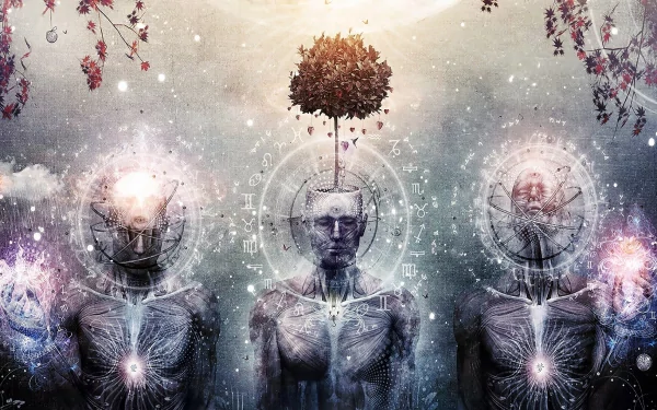 Artistic HD PC desktop wallpaper featuring three human figures with glowing geometric symbols and a tree growing from the central figure’s head, set in a mystical atmosphere.
