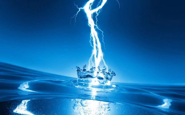 An abstract HD desktop wallpaper featuring a striking electric blue background, with a dramatic lightning bolt striking a water surface, creating a dynamic splash.