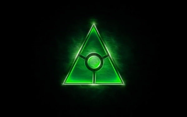 A vibrant green symbol within a glowing triangle, set against a dark background, creates a striking HD desktop wallpaper and background.