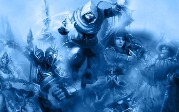HD wallpaper featuring characters Jax, Katarina, Shen, Akali, and Malzahar from League of Legends in a dynamic, blue-toned action scene.