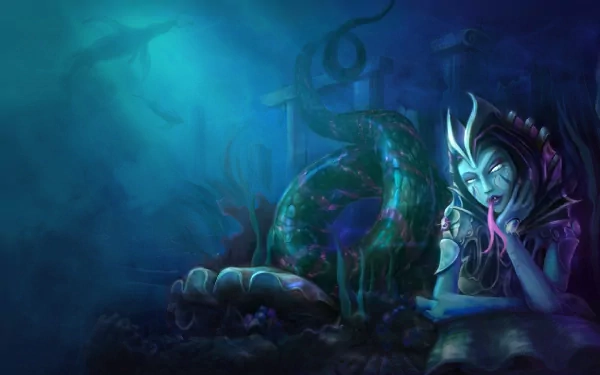 HD PC desktop wallpaper of Cassiopeia (League of Legends), video game artwork: serpent-bodied champion coiled in eerie blue depths, smirking with glowing eyes as background art.