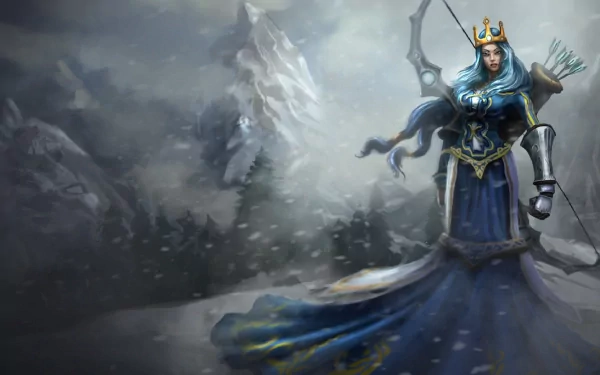 HD PC desktop wallpaper featuring Ashe from the video game League of Legends, depicted in a snowy, mystical landscape with her bow and quiver.