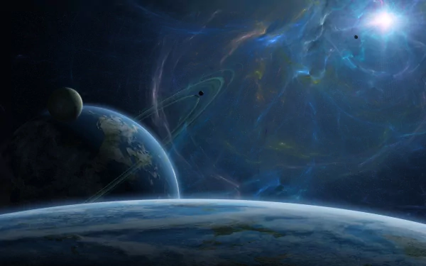 HD Sci-Fi desktop wallpaper featuring a vivid planetary ring system with multiple planets against a glowing, star-filled cosmic background.