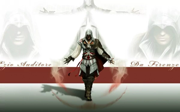 HD PC wallpaper of Ezio Auditore from Assassin's Creed II, featuring iconic Assassin's Creed imagery and a sleek, minimalist design.