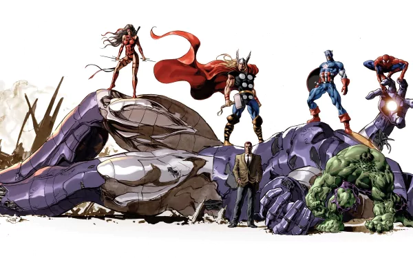 4K Ultra HD desktop wallpaper featuring a dynamic Marvel Comics collage with Wolverine, Spider-Man, Hulk, Captain America, Thor, and Elektra standing over a defeated giant robot.
