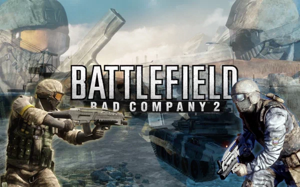 A dynamic HD wallpaper from the video game Battlefield: Bad Company 2, featuring two soldiers in combat, set against a backdrop of tanks and a war-torn landscape.