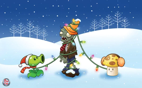 HD Plants vs. Zombies desktop wallpaper featuring a winter scene with a zombie tangled in Christmas lights, a Peashooter wearing a Santa hat, and a festive Puff-shroom.