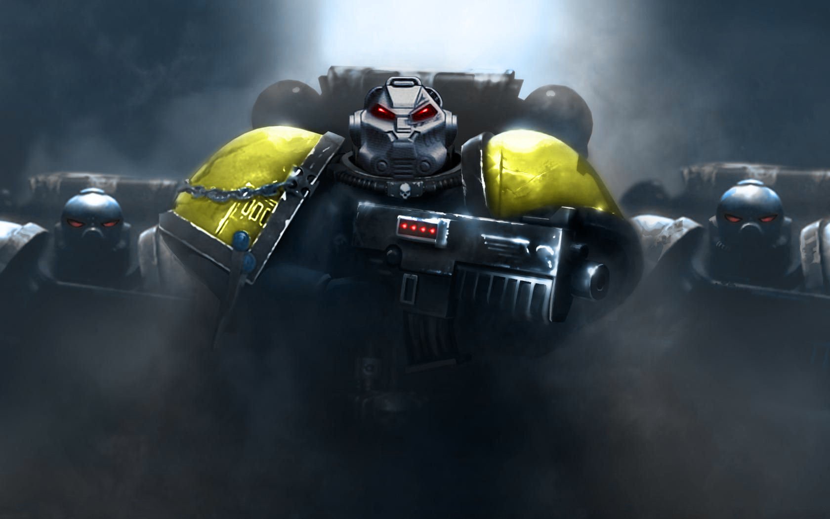 HD PC desktop wallpaper featuring a Warhammer video game scene with armored space marines emerging from mist in a dark, intense atmosphere.