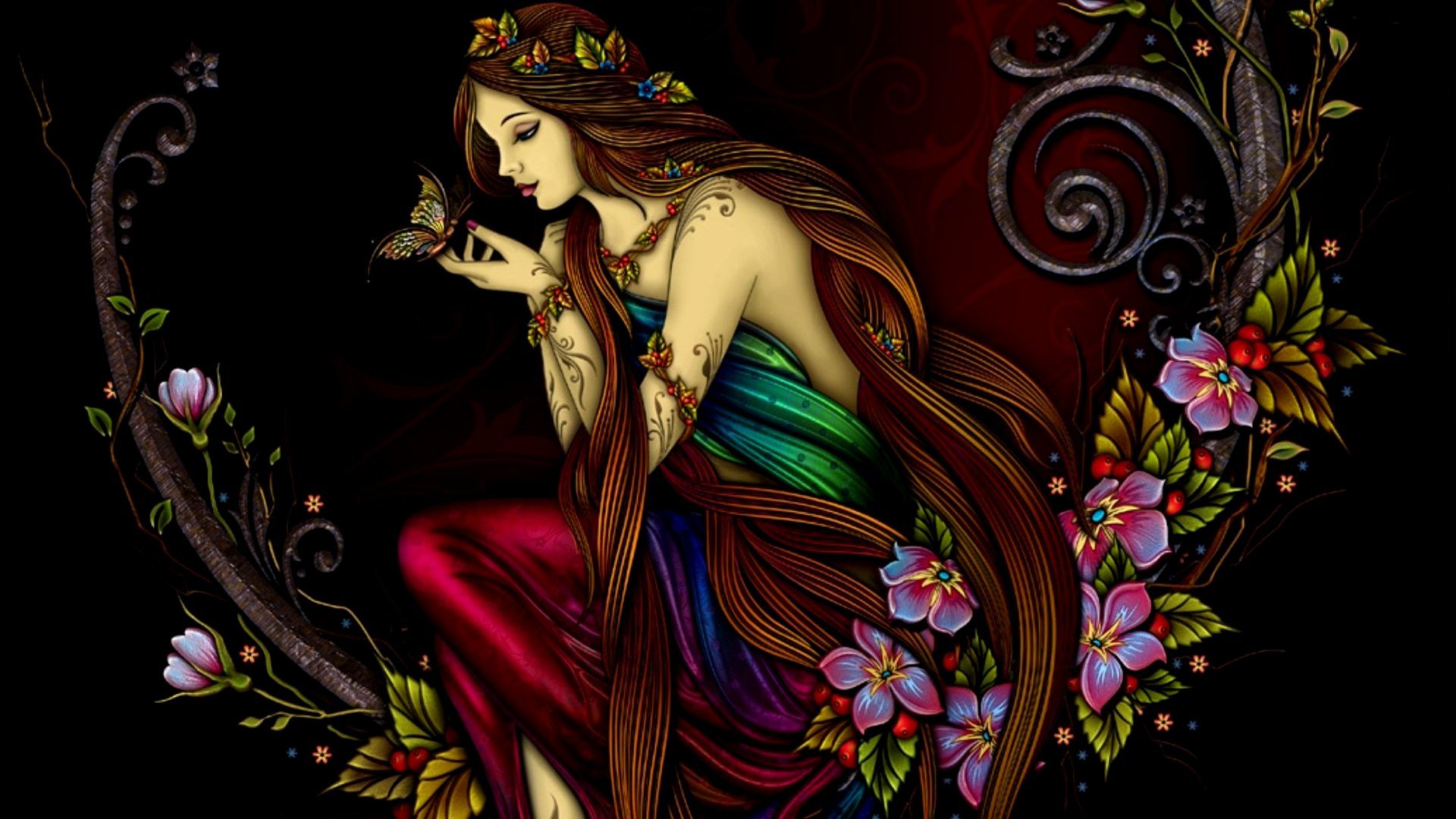 A mystical woman adorned with flowers, sitting gracefully and interacting with a butterfly, set against a rich, dark background. A captivating fantasy-themed HD wallpaper.