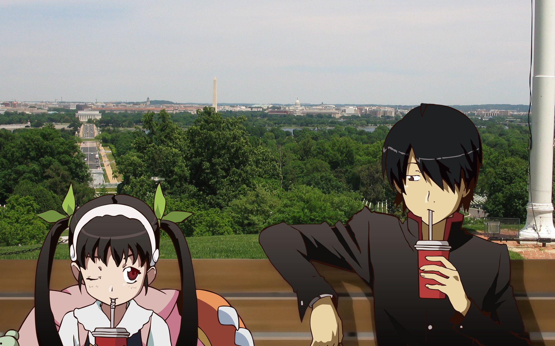 A colorful HD wallpaper featuring Mayoi Hachikuji and Koyomi Araragi from the Monogatari series, enjoying drinks against a lush, scenic background.