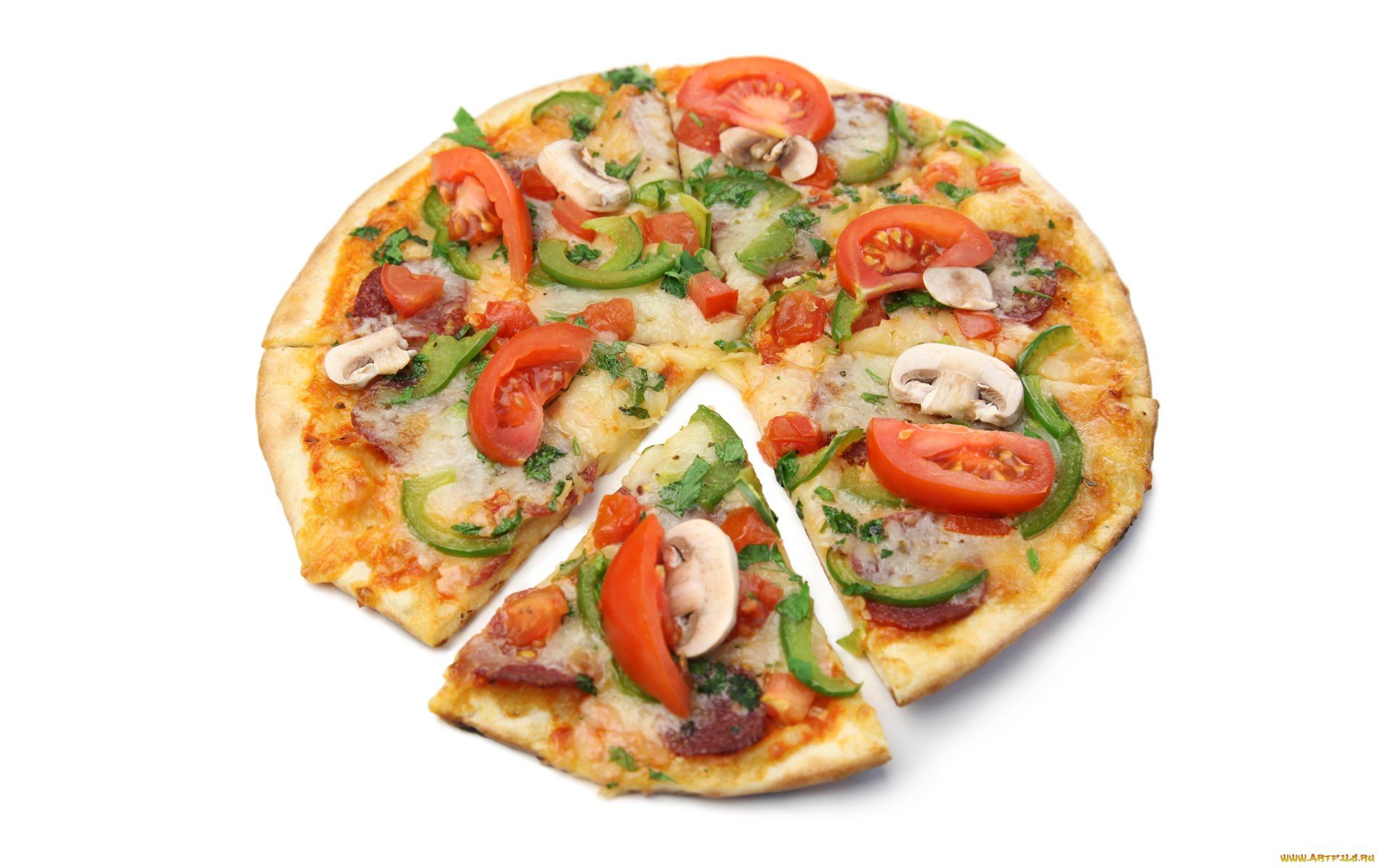 HD PC desktop wallpaper featuring a close-up of a fresh pizza topped with tomatoes, green peppers, mushrooms, and cheese on a white background.