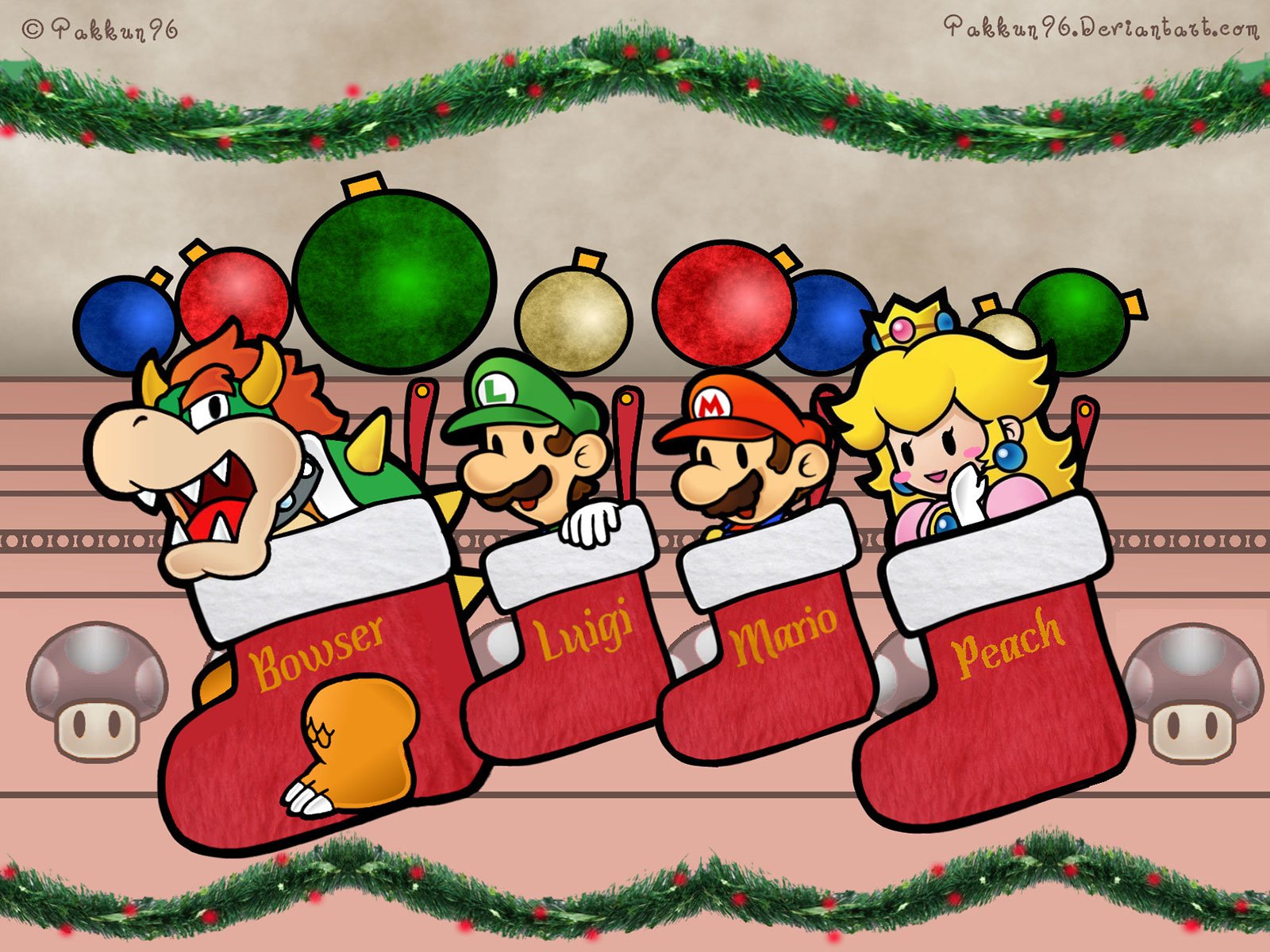 Colorful HD wallpaper featuring Bowser, Princess Peach, Luigi, and Mario celebrating Christmas with festive stockings in a vibrant Paper Mario style.