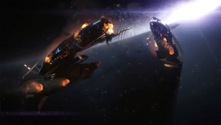 HD desktop wallpaper showing the damaged Normandy SR-1 spaceship from the video game Mass Effect 2, set against a dark space background with bright light beams.
