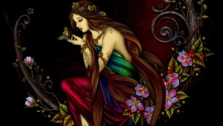 A mystical woman adorned with flowers, sitting gracefully and interacting with a butterfly, set against a rich, dark background. A captivating fantasy-themed HD wallpaper.