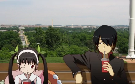 A colorful HD wallpaper featuring Mayoi Hachikuji and Koyomi Araragi from the Monogatari series, enjoying drinks against a lush, scenic background.