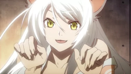 Anime character Black Hanekawa from Nekomonogatari: Kuro, with white hair, yellow eyes, animal ears, and a mischievous smile, featured in an HD wallpaper and background.
