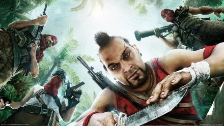 HD wallpaper featuring intense scene from Far Cry 3 video game, showcasing armed characters in a lush, tropical environment.