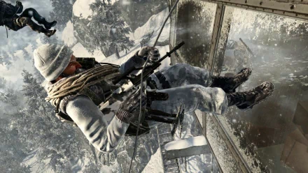 A soldier rappels down from a helicopter in a snowy landscape, capturing the intense action of Call of Duty. This HD PC desktop wallpaper immerses users in the game's thrilling atmosphere.