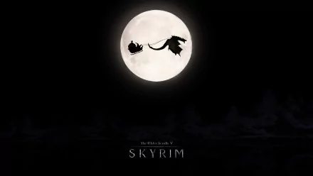 HD desktop wallpaper featuring a silhouette of a dragon and sleigh against the bright moon, inspired by The Elder Scrolls V: Skyrim, with Skyrim written at the bottom.