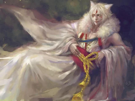 Fantasy-themed HD PC desktop wallpaper depicting a regal man with white hair and fur-trimmed attire, surrounded by flowing fabrics and soft, muted colors.