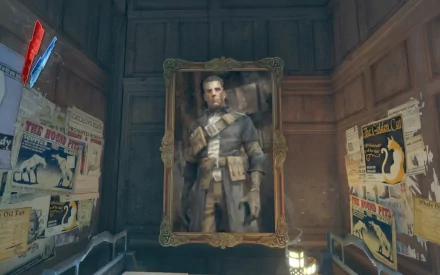 HD PC desktop wallpaper/background from the video game Dishonored depicting a framed portrait of an armored guard in a wood-paneled room plastered with posters.