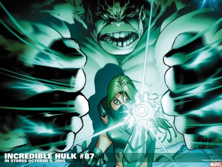 A dynamic HD wallpaper featuring the Incredible Hulk from the comics, showcasing intense action with a character wielding a powerful energy blast amidst Hulk's imposing presence.