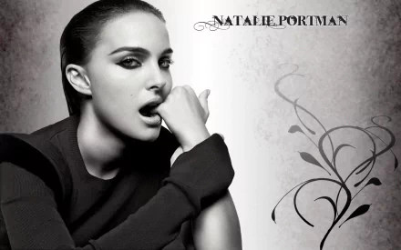 HD PC desktop wallpaper featuring a black-and-white portrait of celebrity Natalie Portman with artistic floral design and her name in elegant typography.