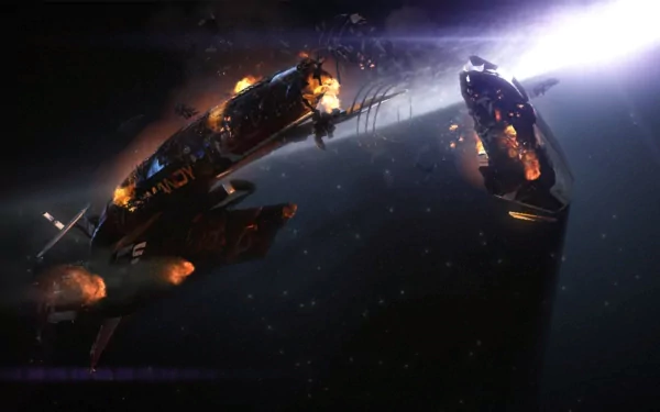 HD desktop wallpaper showing the damaged Normandy SR-1 spaceship from the video game Mass Effect 2, set against a dark space background with bright light beams.