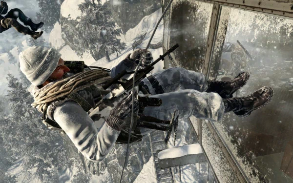 A soldier rappels down from a helicopter in a snowy landscape, capturing the intense action of Call of Duty. This HD PC desktop wallpaper immerses users in the game's thrilling atmosphere.