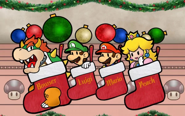 Colorful HD wallpaper featuring Bowser, Princess Peach, Luigi, and Mario celebrating Christmas with festive stockings in a vibrant Paper Mario style.