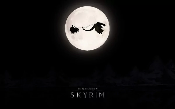 HD desktop wallpaper featuring a silhouette of a dragon and sleigh against the bright moon, inspired by The Elder Scrolls V: Skyrim, with Skyrim written at the bottom.